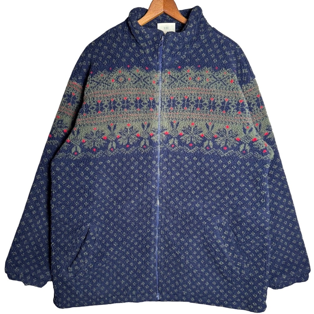 Northern Reflections Vintage Mens XL Fair Isle Sherpa Fleece Zip‎ Jacket Navy